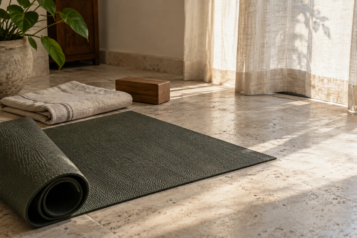 Yoga mat, folded cloth and wooden block in natural daylight.